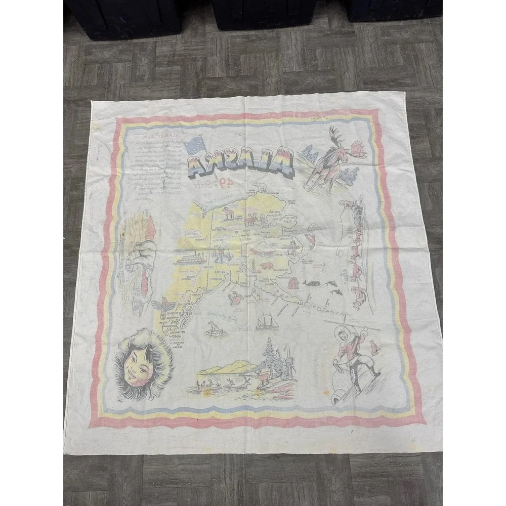Vintage‎ Alaska 49th State Map Souvenir Tablecloth Large Linen Wall Art Decor